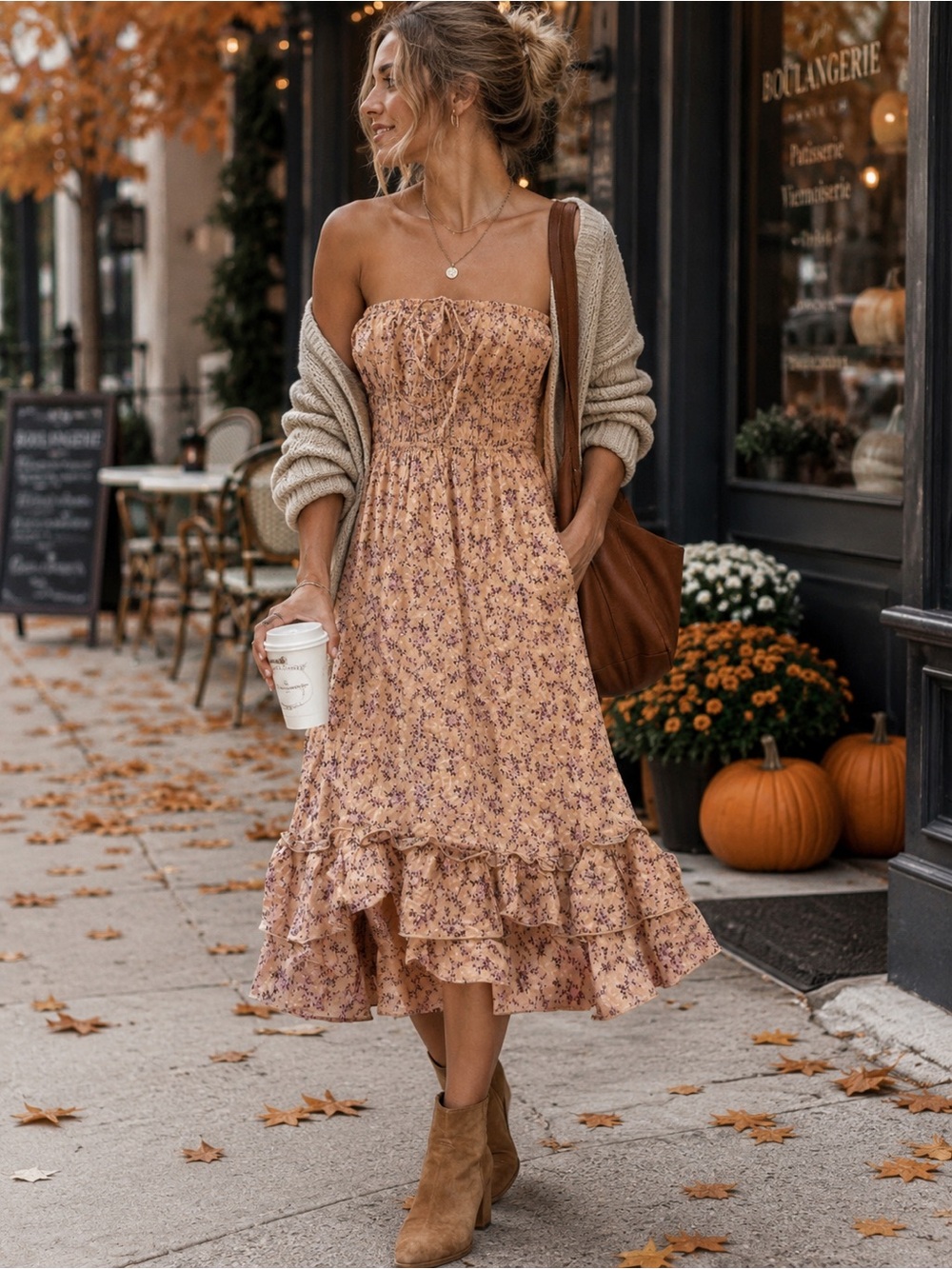 Forever 21 Floral Strapless Ruffle Midi Dress in Dusty Beige and Mauve
